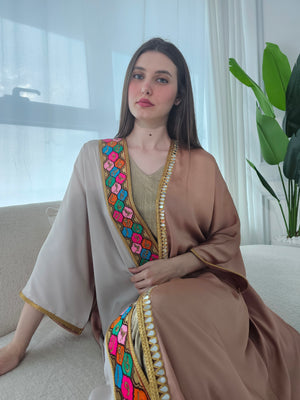 Colorful Abaya With Embroidered Calligraphy Trimming