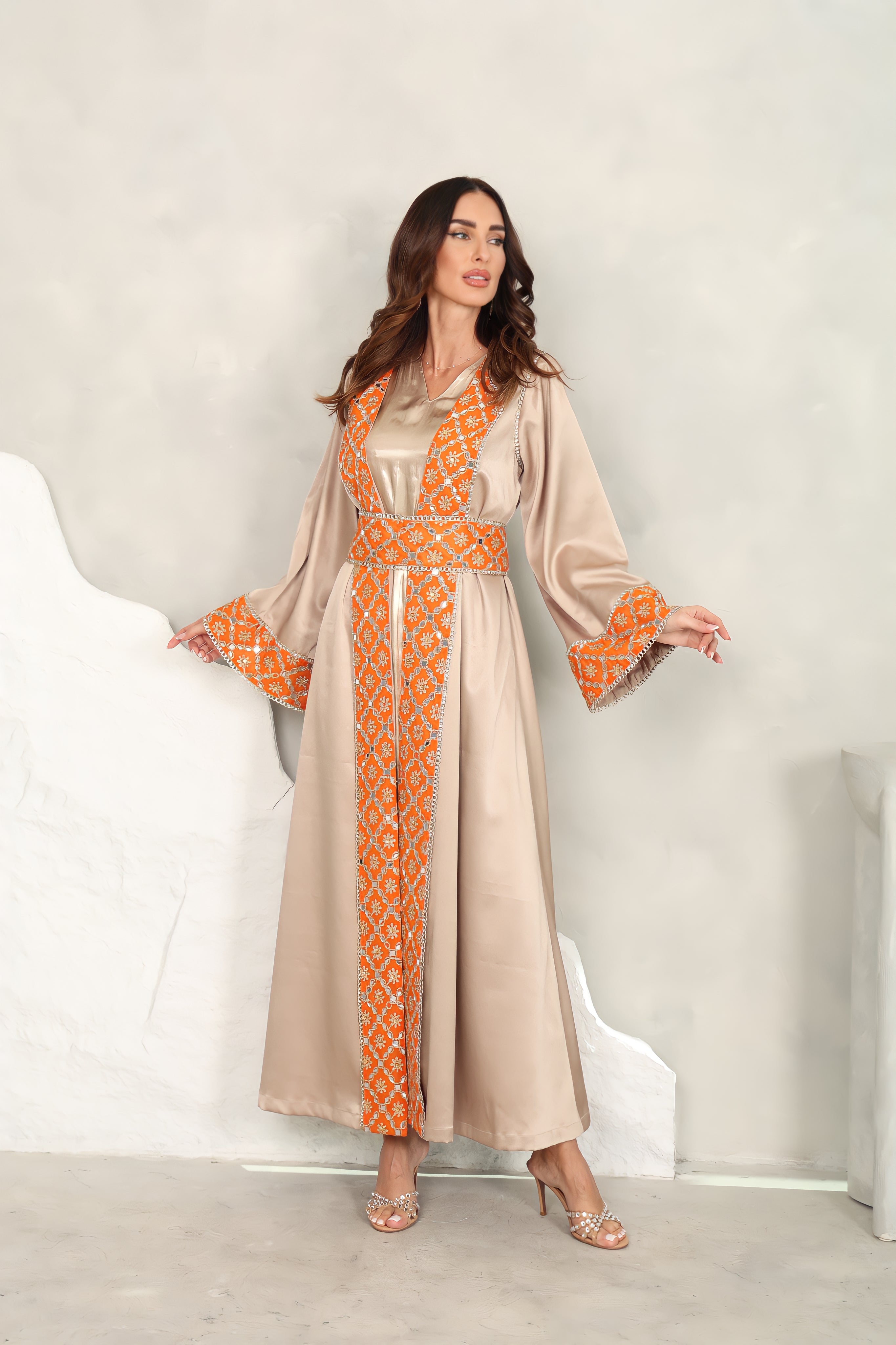 Beige Embroidered Crepe Satin Kaftan