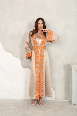 Beige Silver Kaftan With Sunflower Embroidered Organza