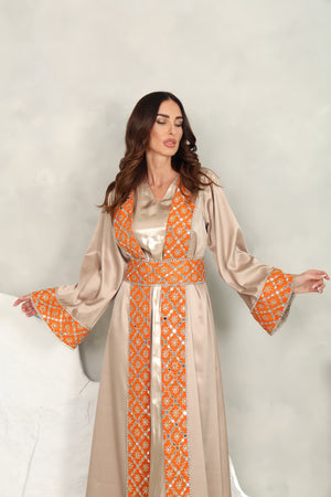 Beige Silver Kaftan With Sunflower Embroidered Organza