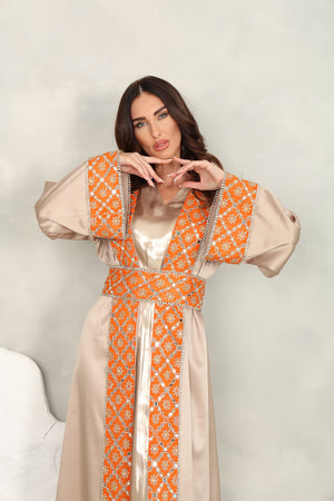 Beige Silver Kaftan With Sunflower Embroidered Organza