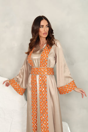 Beige Silver Kaftan With Sunflower Embroidered Organza