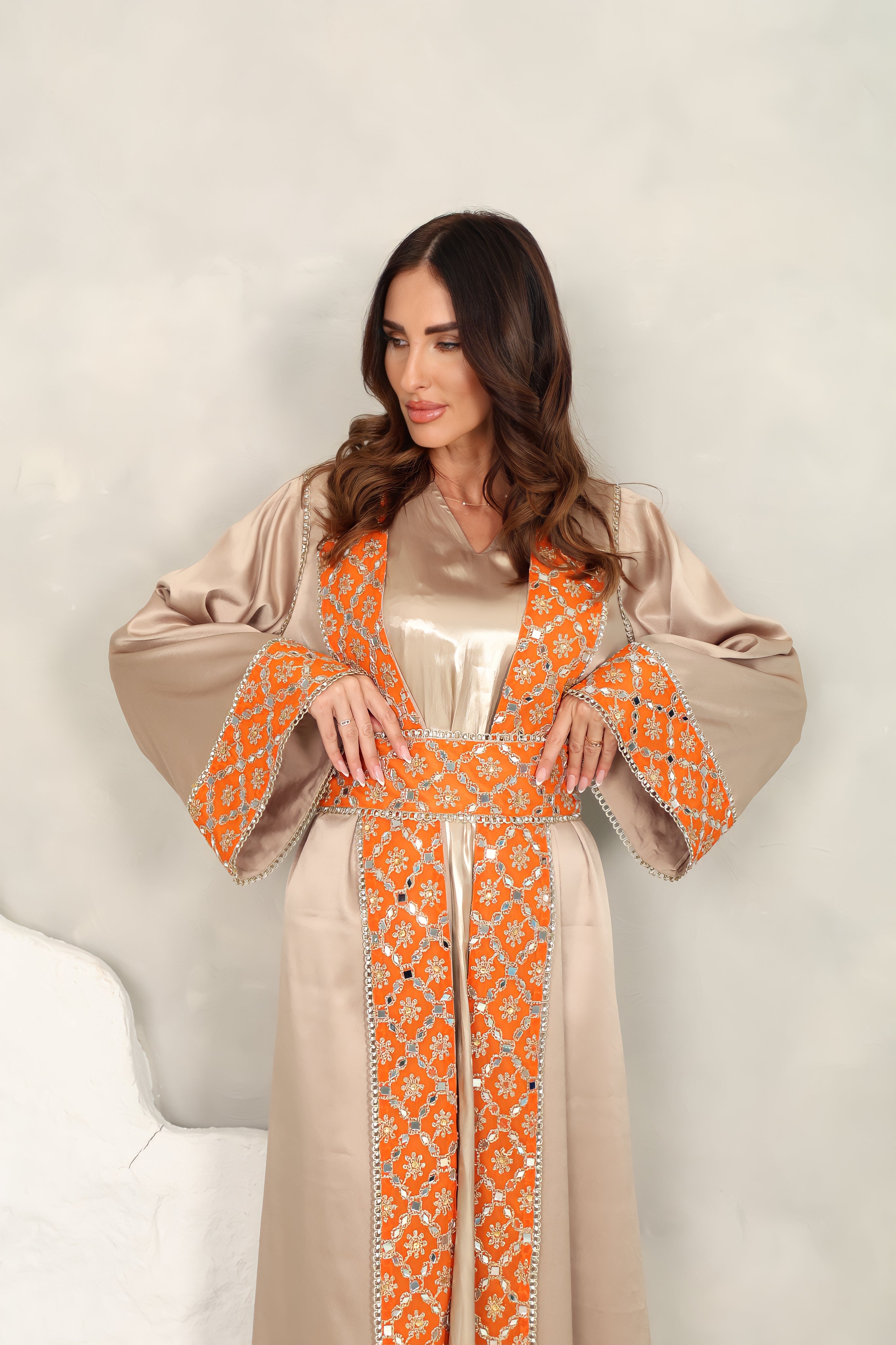 Beige Embroidered Crepe Satin Kaftan