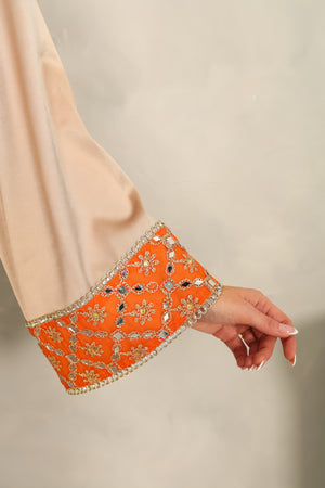 Beige Silver Kaftan With Sunflower Embroidered Organza