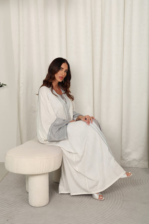 White Lincen Embrodered Abaya