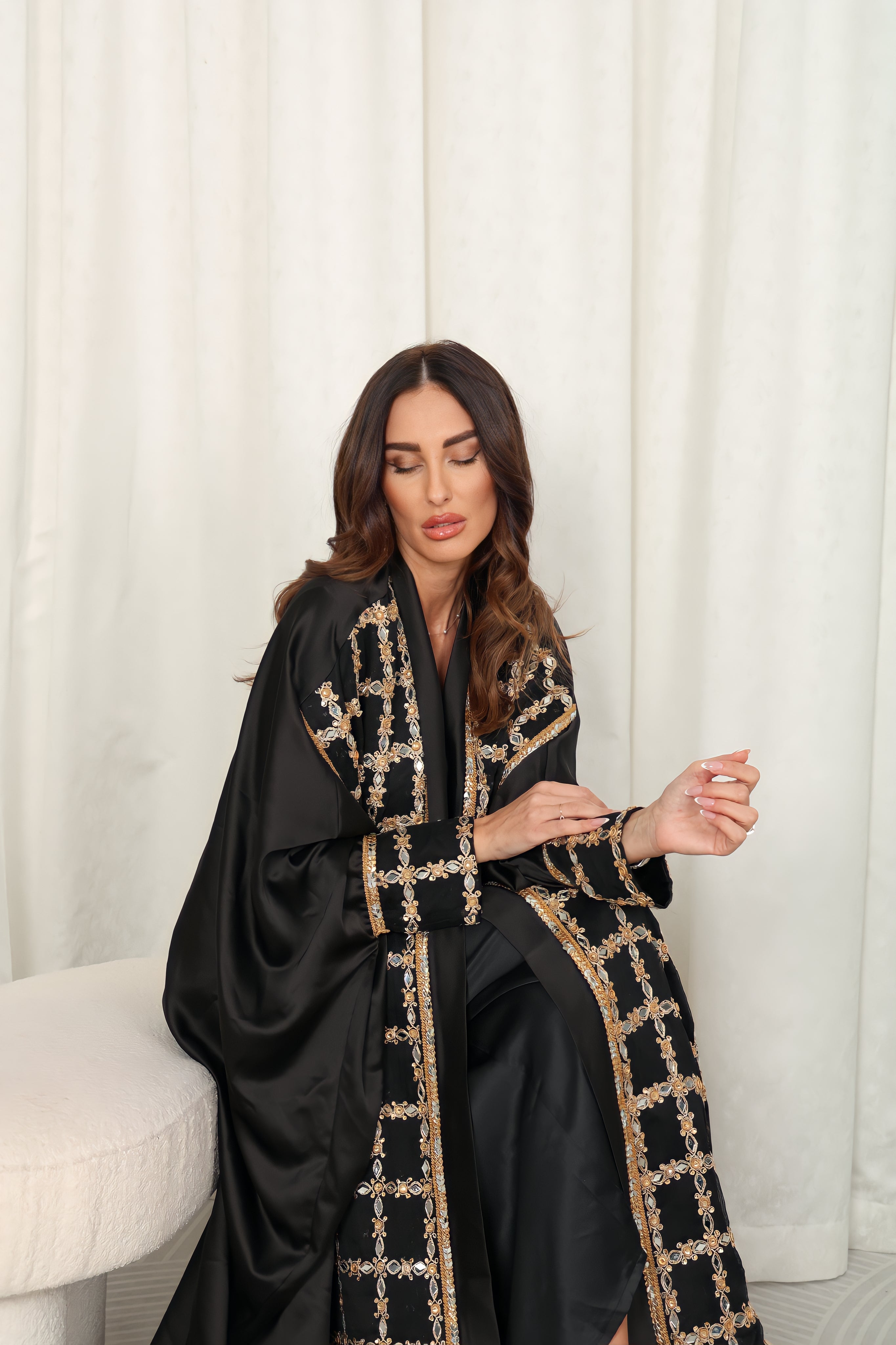 Black Embroidered Crepe Satin Abaya