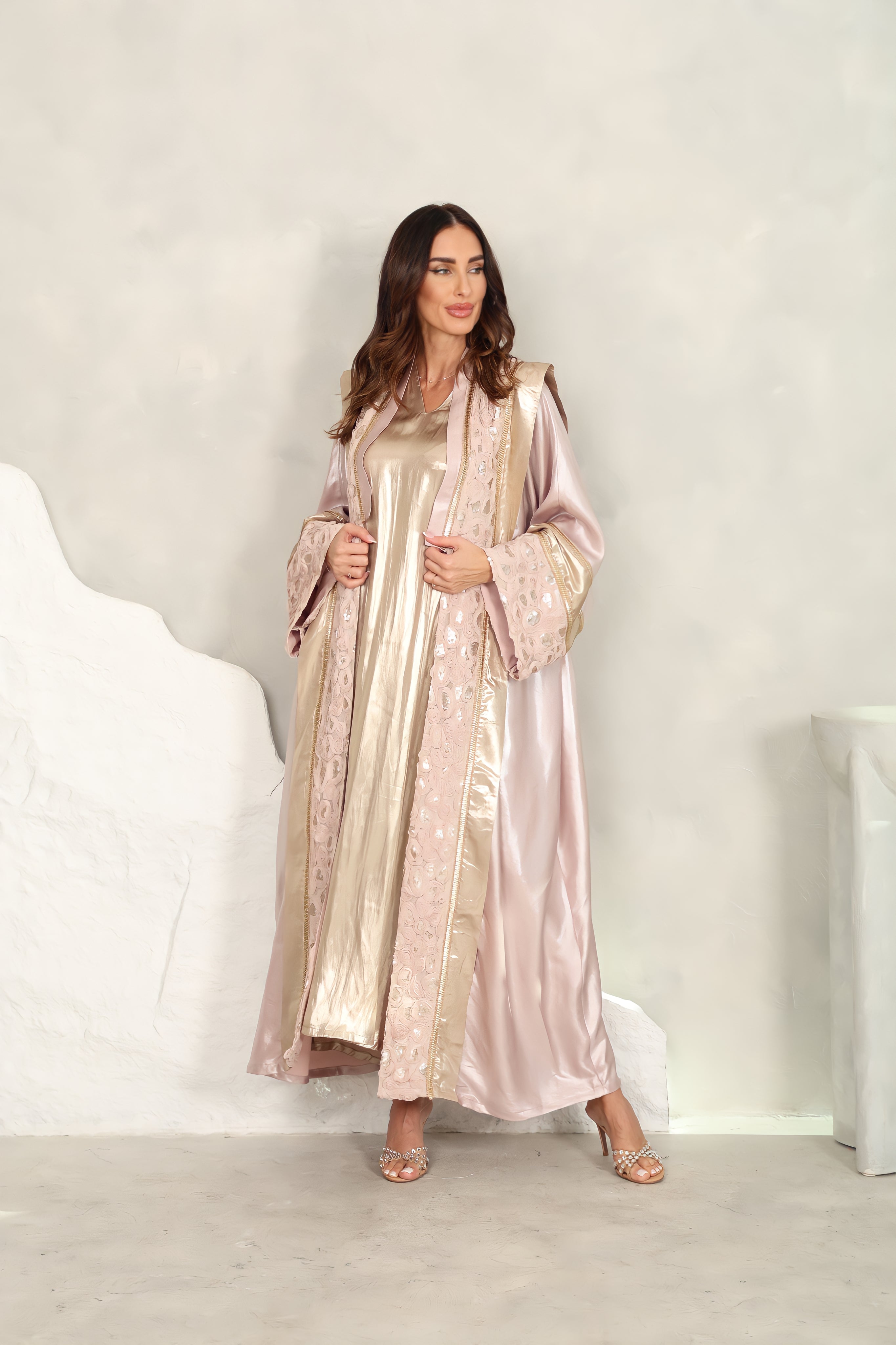 Pink Sequin Silk Blend Abaya