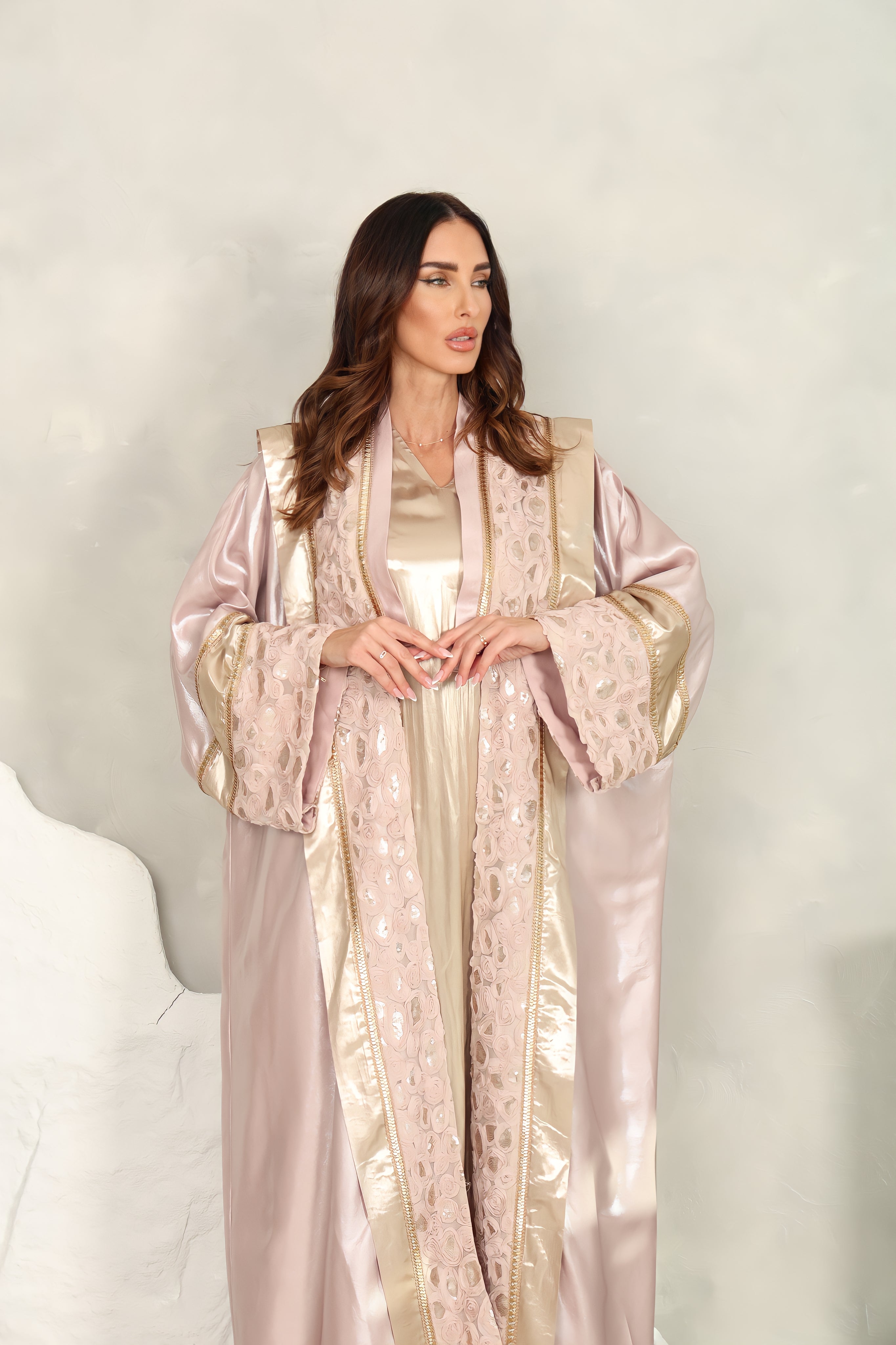 Pink Sequin Silk Blend Abaya