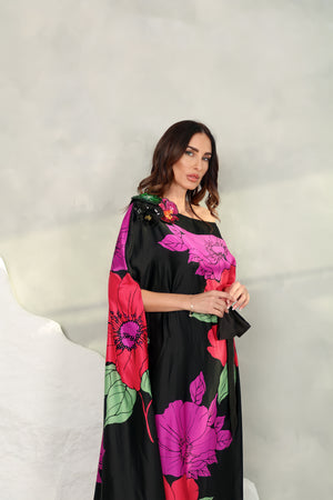 Silk Black – Printed With 3d Embroidered Flowers Design
