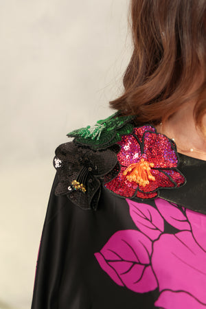 Silk Black – Printed With 3d Embroidered Flowers Design