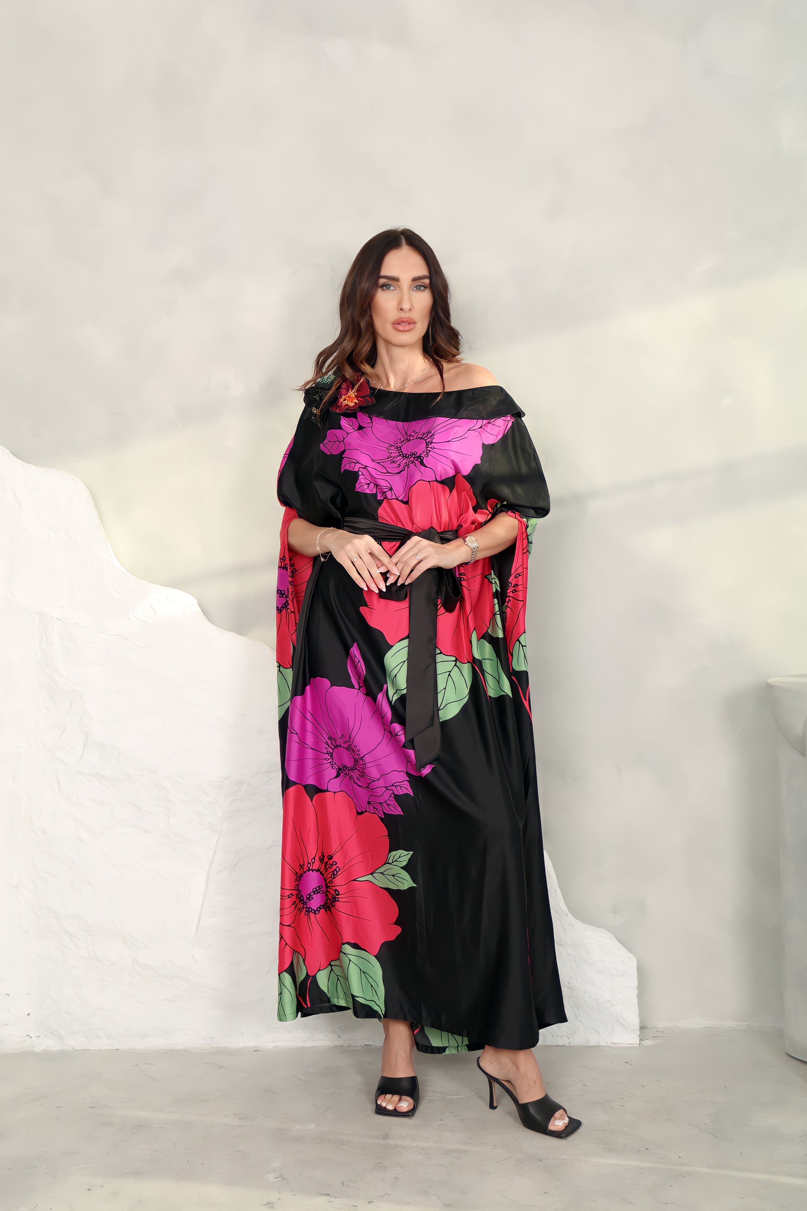 Black Crepe Satin Kaftan