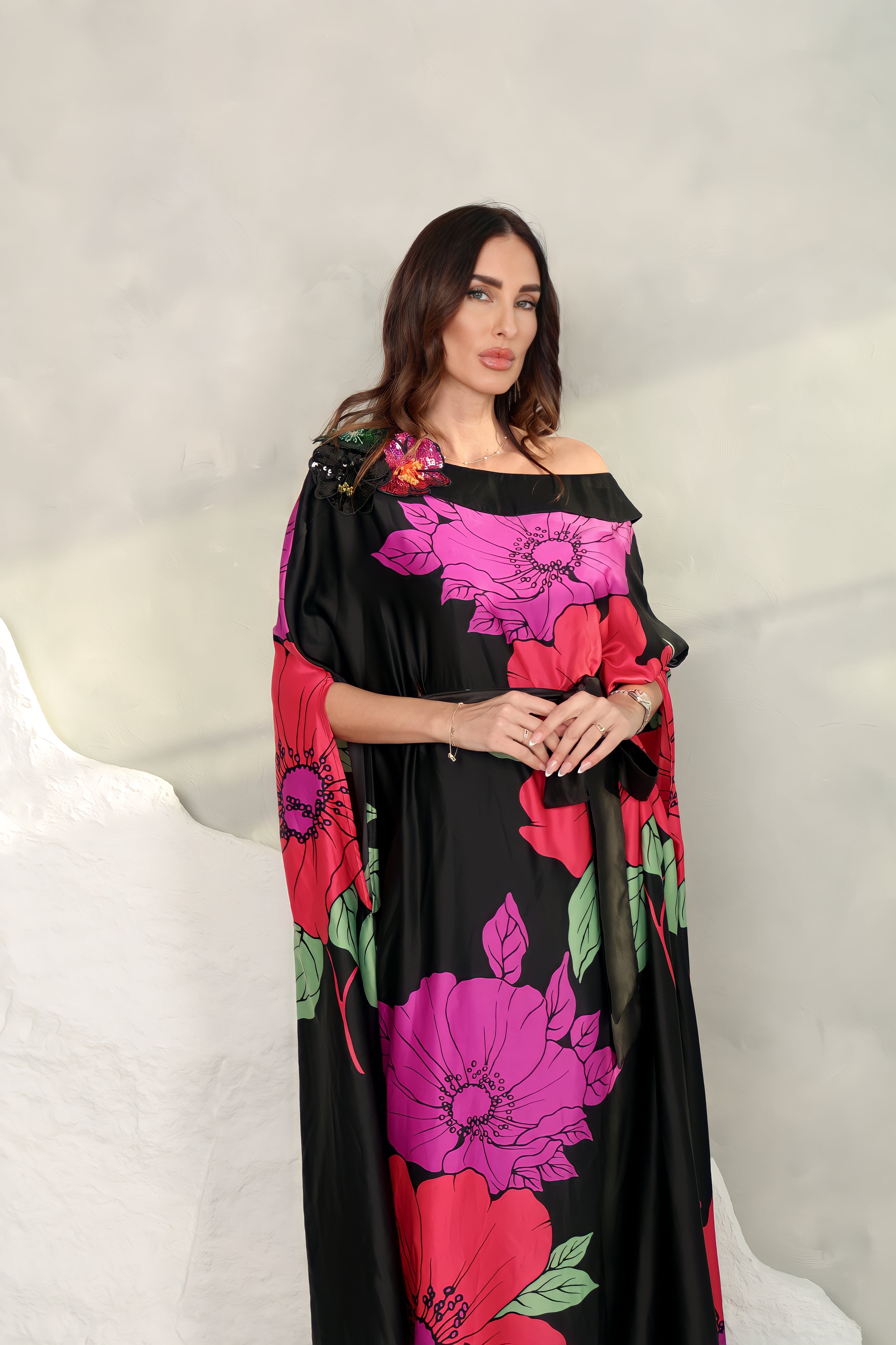 Black Crepe Satin Kaftan