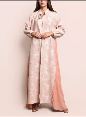 Peach Jacquard Crepe Abaya With Dress