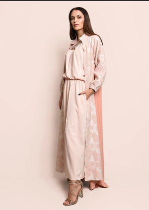 Peach Jacquard Crepe Abaya With Dress