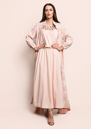 Peach Jacquard Crepe Abaya With Dress