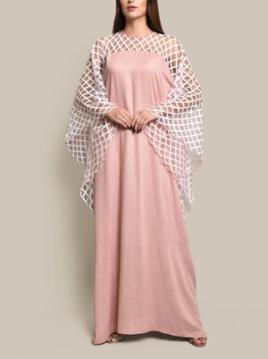 Pink Kaftan Dress With Sequence Embroidered Tulle Sleeves