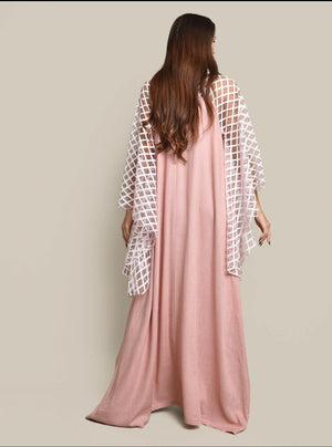 Pink Kaftan Dress With Sequence Embroidered Tulle Sleeves