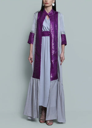 Grey Kaftan With Purple Sequence Embroidery