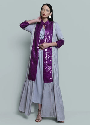 Grey Kaftan With Purple Sequence Embroidery