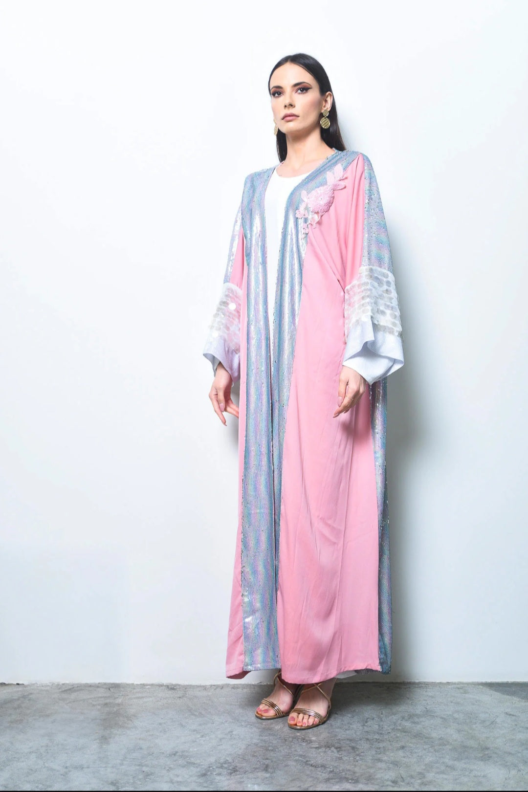 Pink Sequin Crepe Satin Abaya
