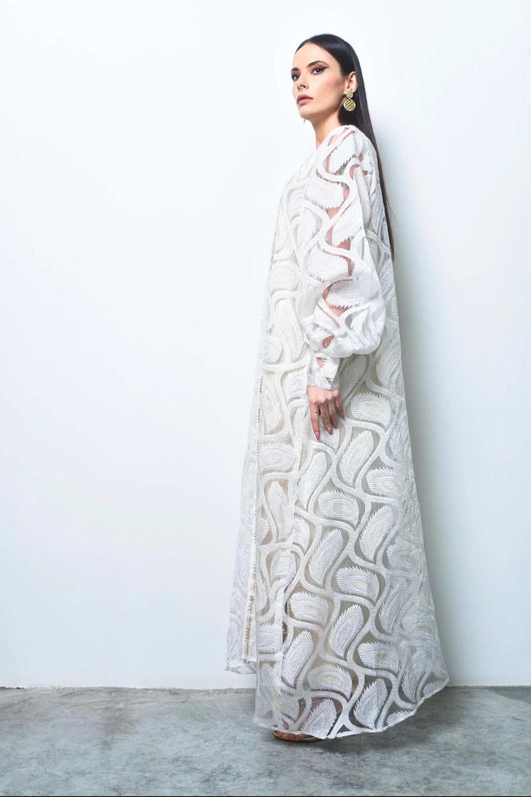 Off White Belted Organza Kaftan