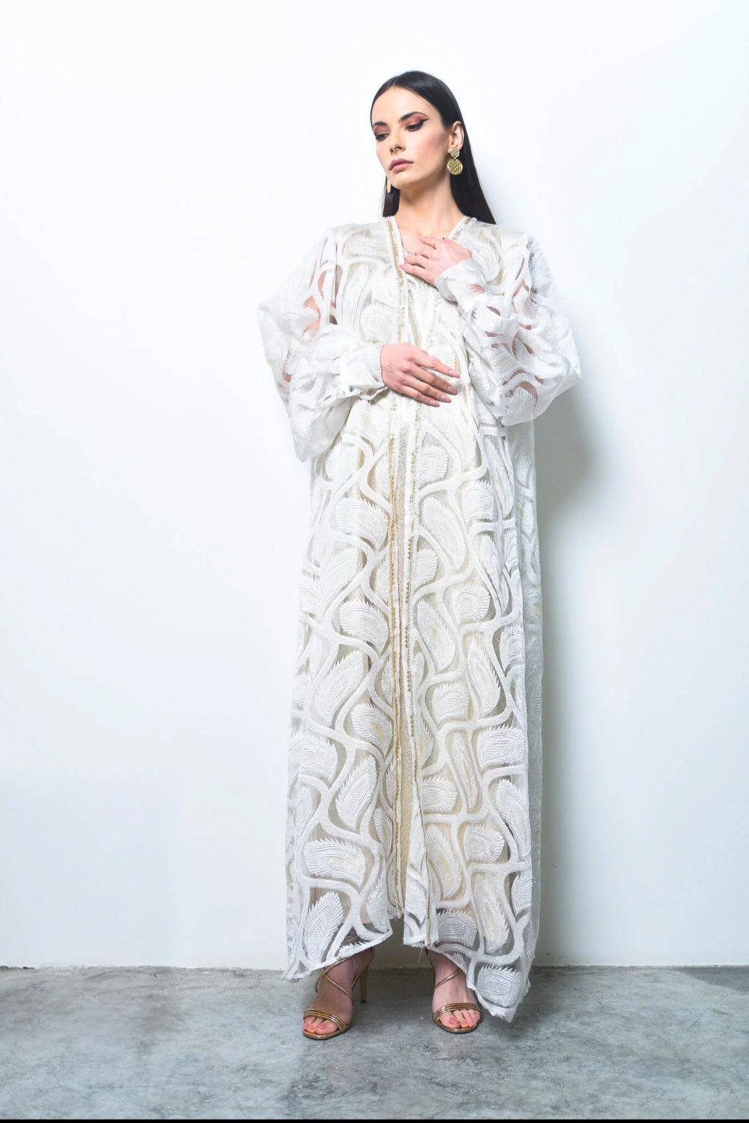 Off White Belted Organza Kaftan