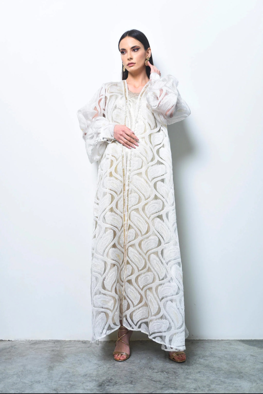 Off White Belted Organza Kaftan