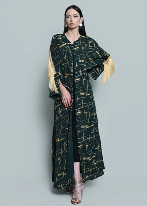 Dark Green Crepe Kaftan with Tassels