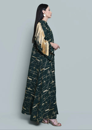 Dark Green Crepe Kaftan with Tassels