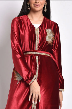 Maroon Velvet Kaftan with Handmade Beads