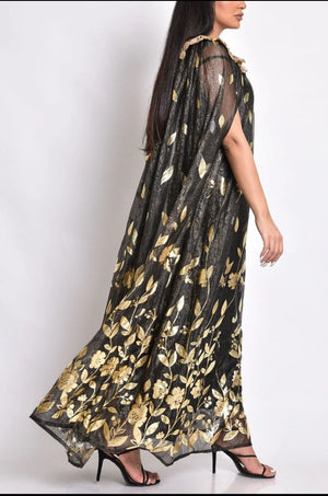 Silk gold dress – tulle with prints and handmade embroidery design
