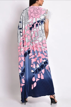 Dress – multicolor pleated with stones and feathers multicolors design