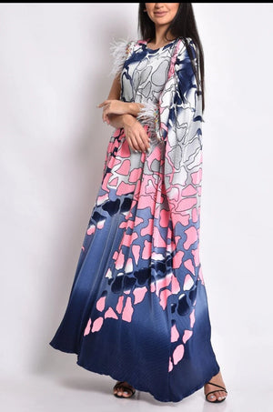 Dress – multicolor pleated with stones and feathers multicolors design