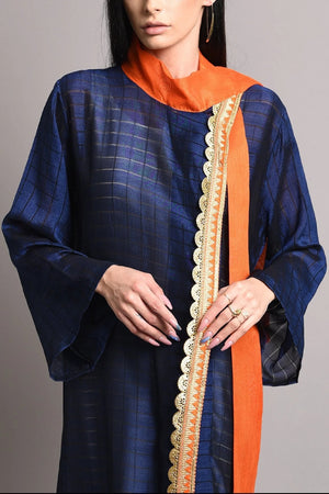 Silk dark blue kaftan with orange bow design