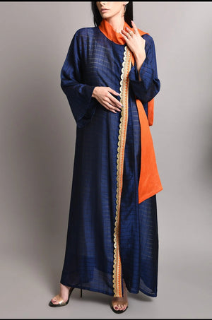 Silk dark blue kaftan with orange bow design
