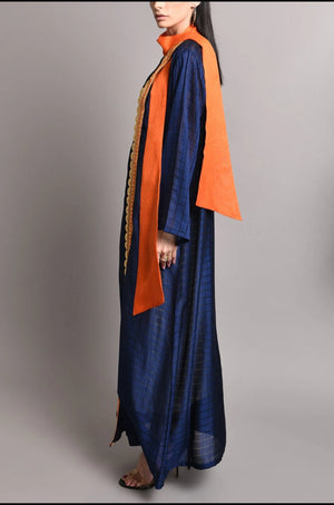 Silk dark blue kaftan with orange bow design