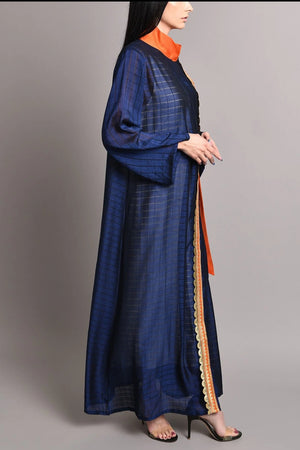 Silk dark blue kaftan with orange bow design