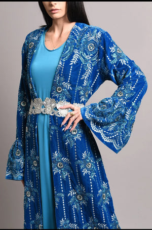 Turquoise velvet embroidered kaftan