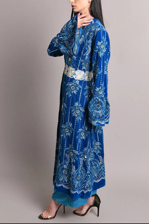 Turquoise velvet embroidered kaftan