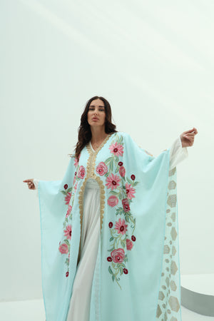 Cotton sky blue abaya – linen embroidered