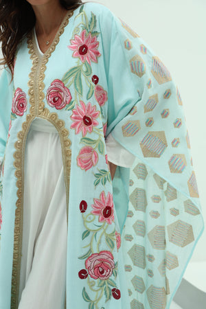 Cotton sky blue abaya – linen embroidered
