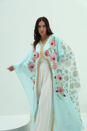 Cotton sky blue abaya – linen embroidered