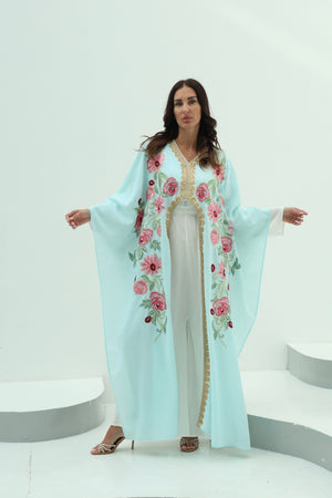 Cotton sky blue abaya – linen embroidered