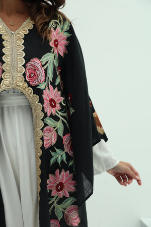 Cotton linen black abaya – embroidered