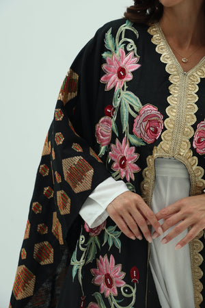 Cotton linen black abaya – embroidered
