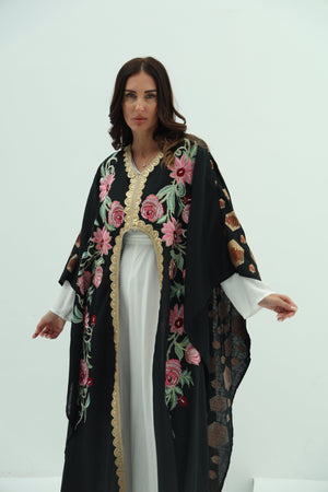 Cotton linen black abaya – embroidered