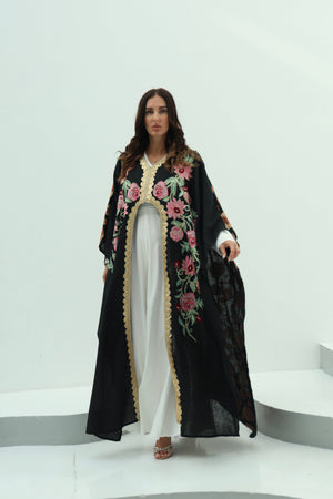 Cotton linen black abaya – embroidered