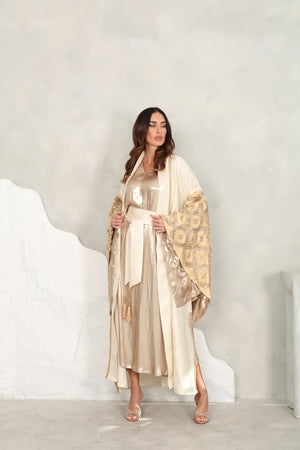 Beige Gold Kaftan With Mirror Embroidery