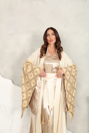 Beige Gold Kaftan With Mirror Embroidery