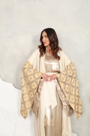 Beige Gold Kaftan With Mirror Embroidery